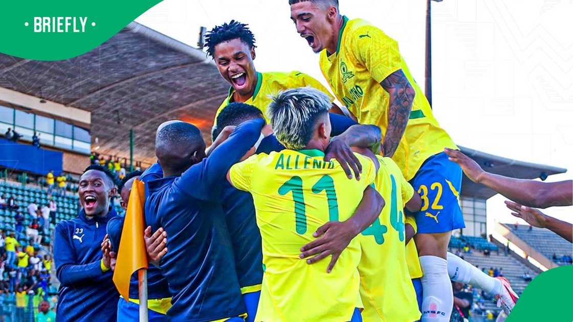 Mamelodi Sundowns players celebrate after beating TS Galaxy in the Premier Soccer League this weekend. Mamelodi Sundowns players celebrate after beating TS Galaxy in the Premier Soccer League this weekend.