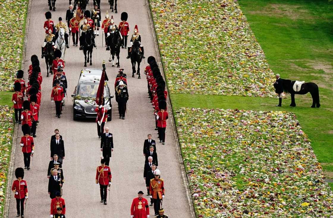 Emma, the monarch's fell pony stands by, as the hearse bearing the coffin of Queen Elizabeth II travels up The Long Walk in Windsor