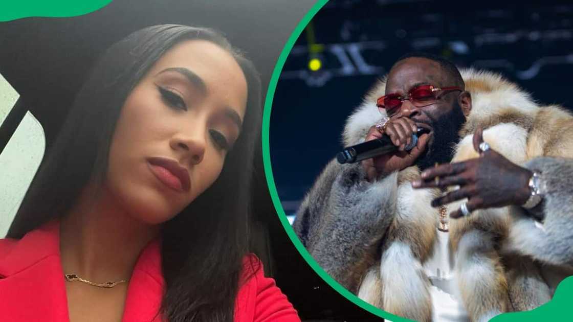 Paige Imani (Rick Ross' alleged girlfriend) in a red outfit (L). Rick Ross during the 2022 Legendz Of The Streetz (R) Paige Imani (Rick Ross' alleged girlfriend) in a red outfit (L). Rick Ross during the 2022 Legendz Of The Streetz (R)
