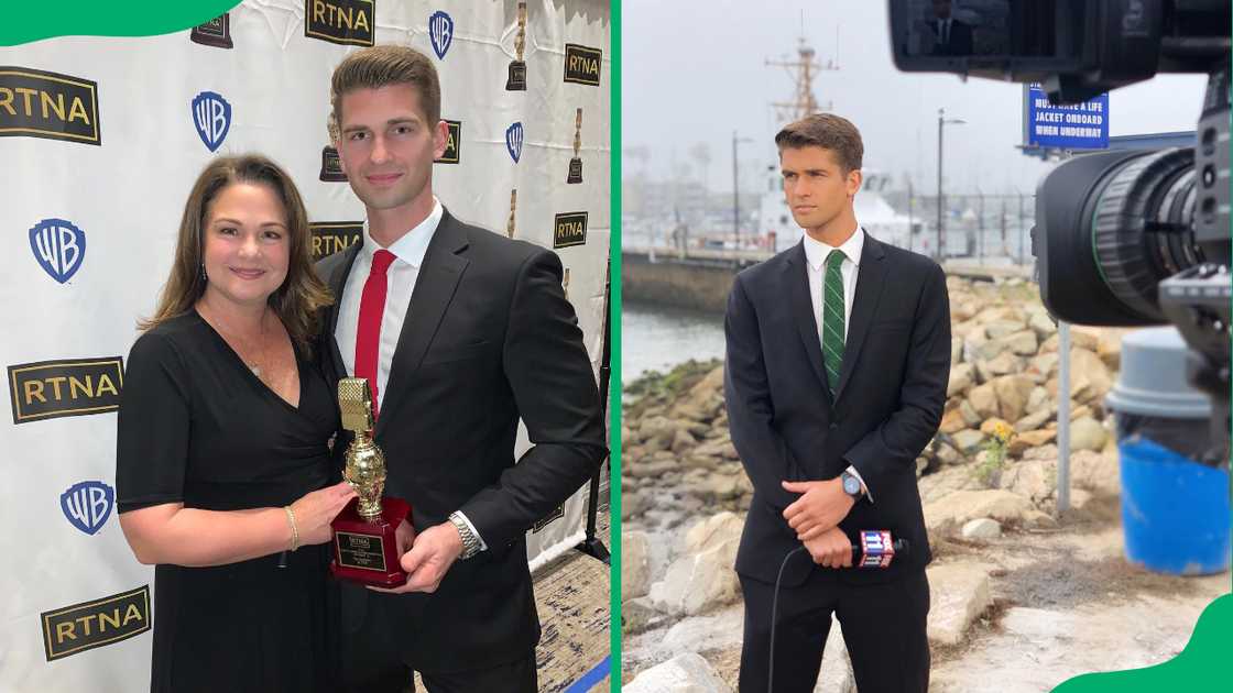 Bill celebrating his RTNA Golden Mike award for 2019 “Best Investigative Reporting” alongside his mom (L). The journalist preparing to deliver a news report (R) Bill celebrating his RTNA Golden Mike award for 2019 “Best Investigative Reporting” alongside his mom (L). The journalist preparing to deliver a news report (R)