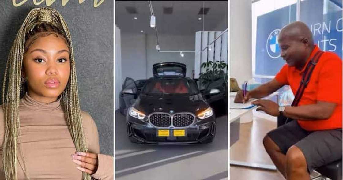 woman celebrates dad buying her brand new Beamer woman celebrates dad buying her brand new Beamer