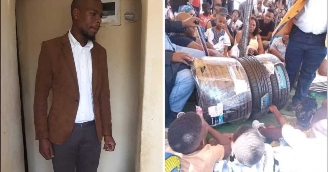 Snaps taken of new tyres at an event that looks like lobola negotiations. Snaps taken of new tyres at an event that looks like lobola negotiations.