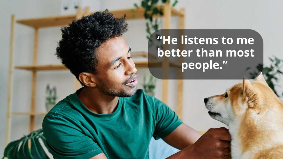 Young man talking to his dog in living room Young man talking to his dog in living room