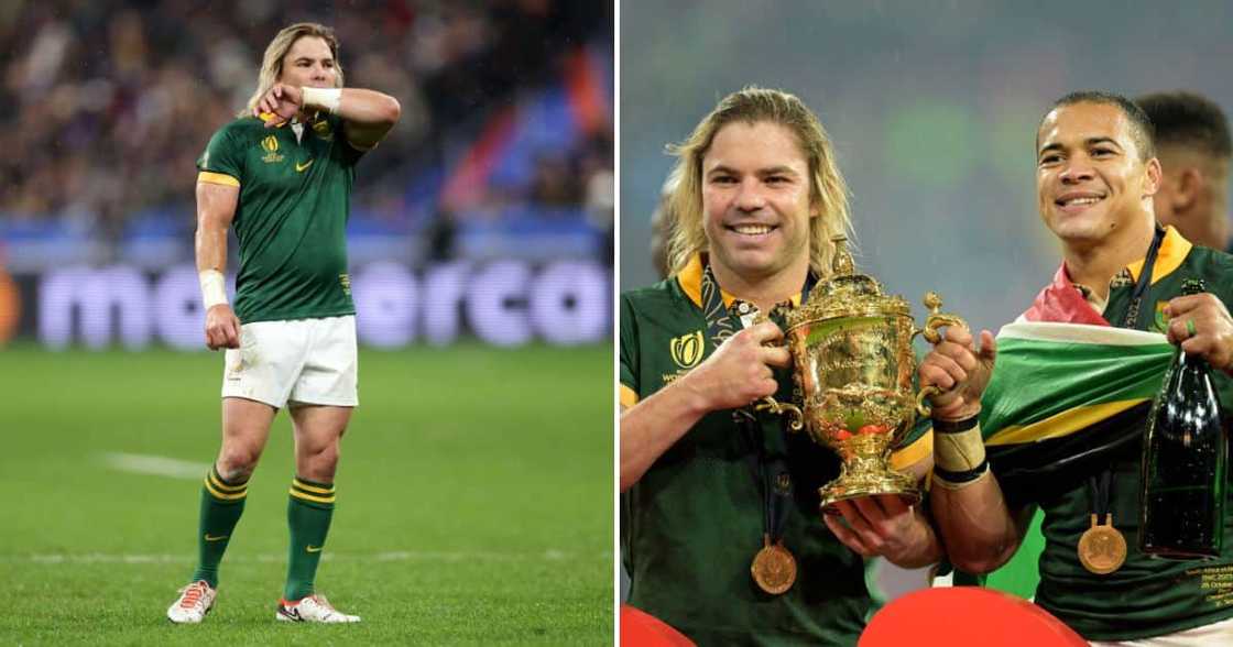 A video of Faf de Klerk playing with President Ramaphosa's scarf. A video of Faf de Klerk playing with President Ramaphosa's scarf.