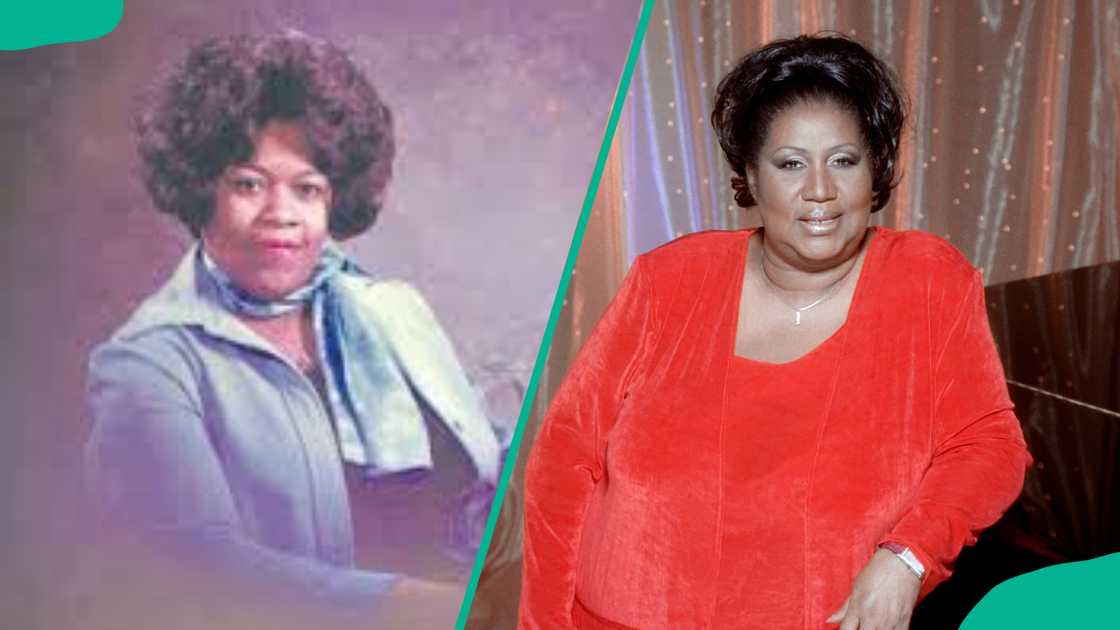 Carol Ellan Kelley in a blue outfit, and Aretha Franklin poses for a picture in Los Angeles, California Carol Ellan Kelley in a blue outfit, and Aretha Franklin poses for a picture in Los Angeles, California