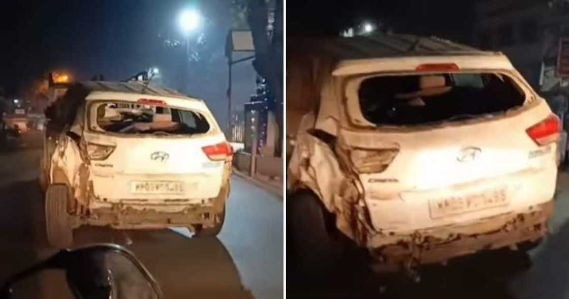 Wrecked car, Hyundai, still driving, SUV, no bumper, wobbling car, viral videos, trending news Wrecked car, Hyundai, still driving, SUV, no bumper, wobbling car, viral videos, trending news