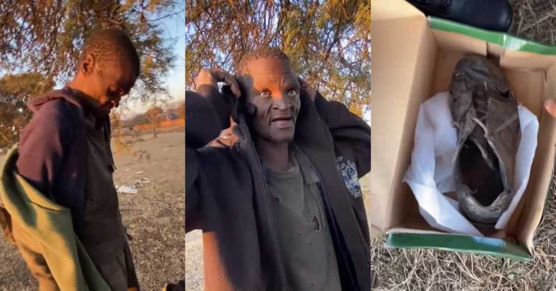 Halala: BI Phakhati Blesses Hungry Homeless Man with Shoes, Clothes and R1 500 Halala: BI Phakhati Blesses Hungry Homeless Man with Shoes, Clothes and R1 500