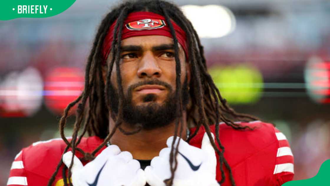 Fred Warner of the San Francisco 49ers during the national anthem Fred Warner of the San Francisco 49ers during the national anthem