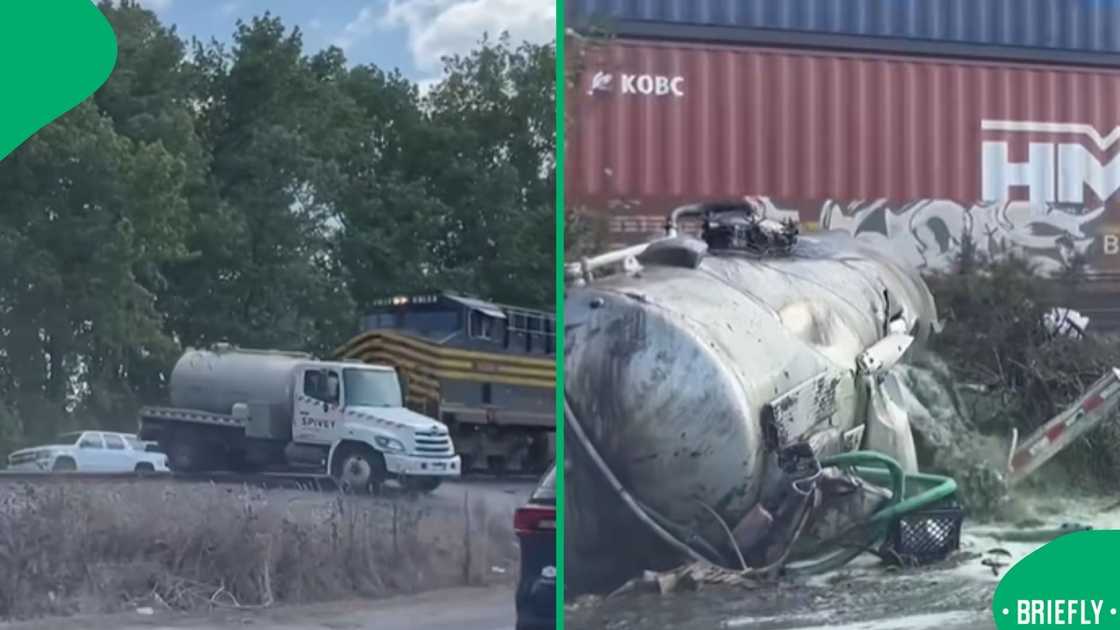 The image on the right showed the moment after a septic tank truck was hit by a train