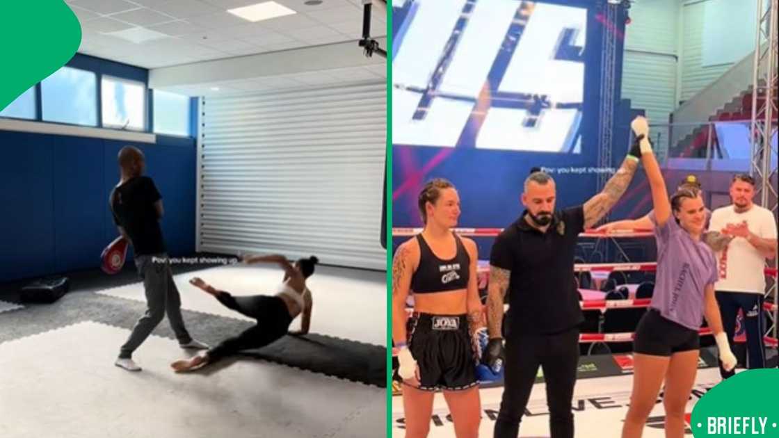 A screenshot from the video captured Rachel slipping while in training