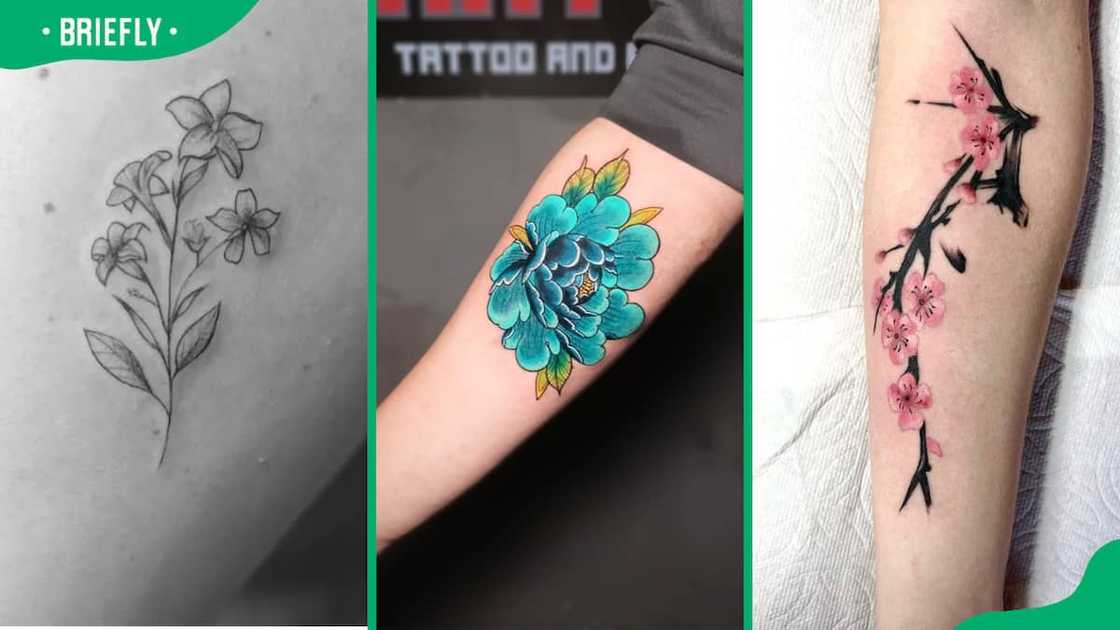 Jasmine (L), Peony (C) and Cherry Blossoms (R) tattoos