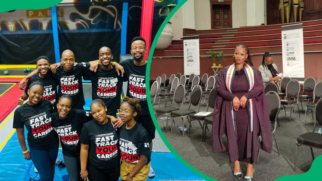 Rosebank College students during a teambuilding exercise and a college graduate on her graduation day Rosebank College students during a teambuilding exercise and a college graduate on her graduation day