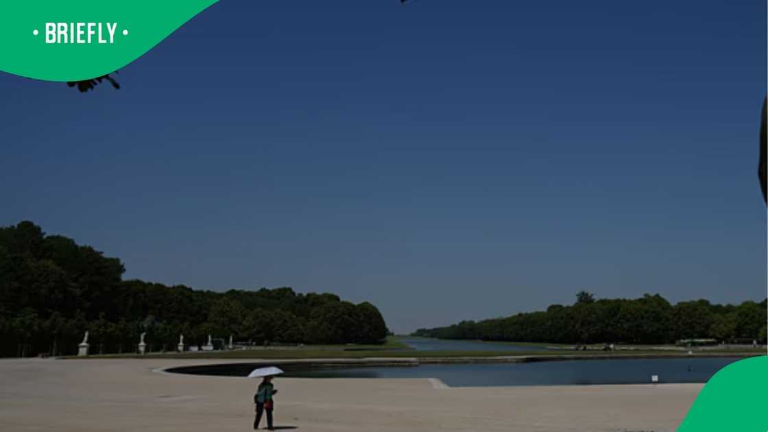 A lone person navigated a wide, empty public park during a period of intense European summer heat A lone person navigated a wide, empty public park during a period of intense European summer heat
