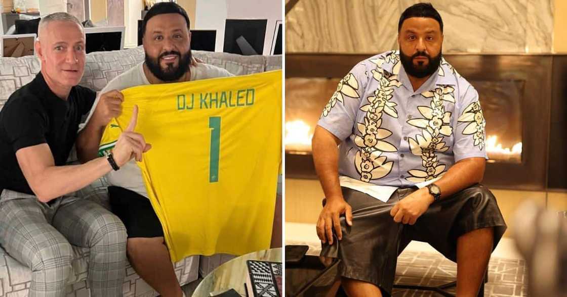 DJ Khaled holding his Sundowns FC jersey, he congratulates the team on their DStv premiership win DJ Khaled holding his Sundowns FC jersey, he congratulates the team on their DStv premiership win