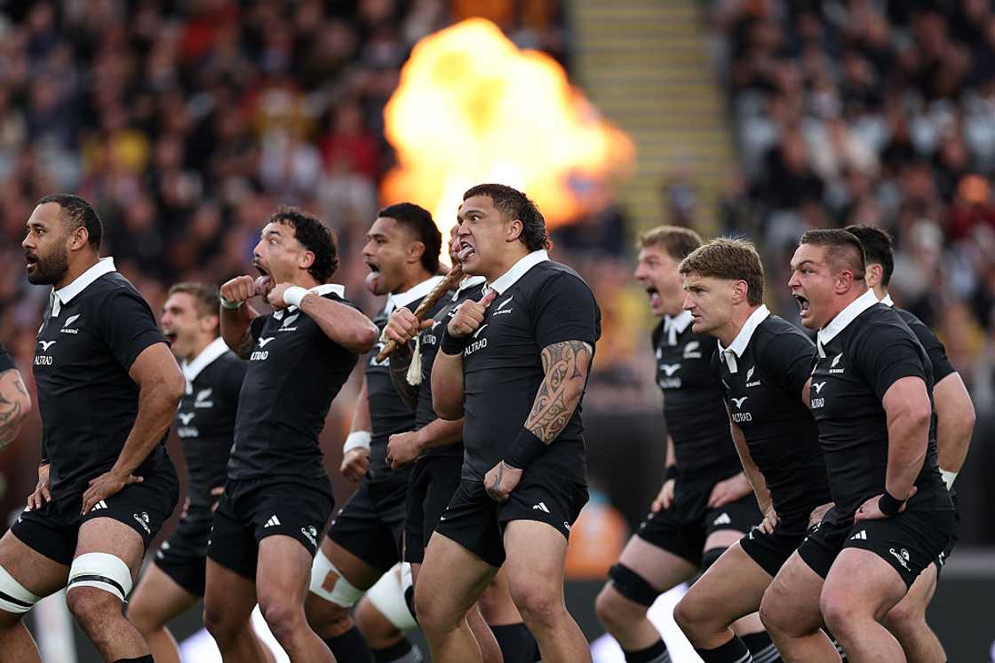 Ethan de Groot and All Blacks performing Haka