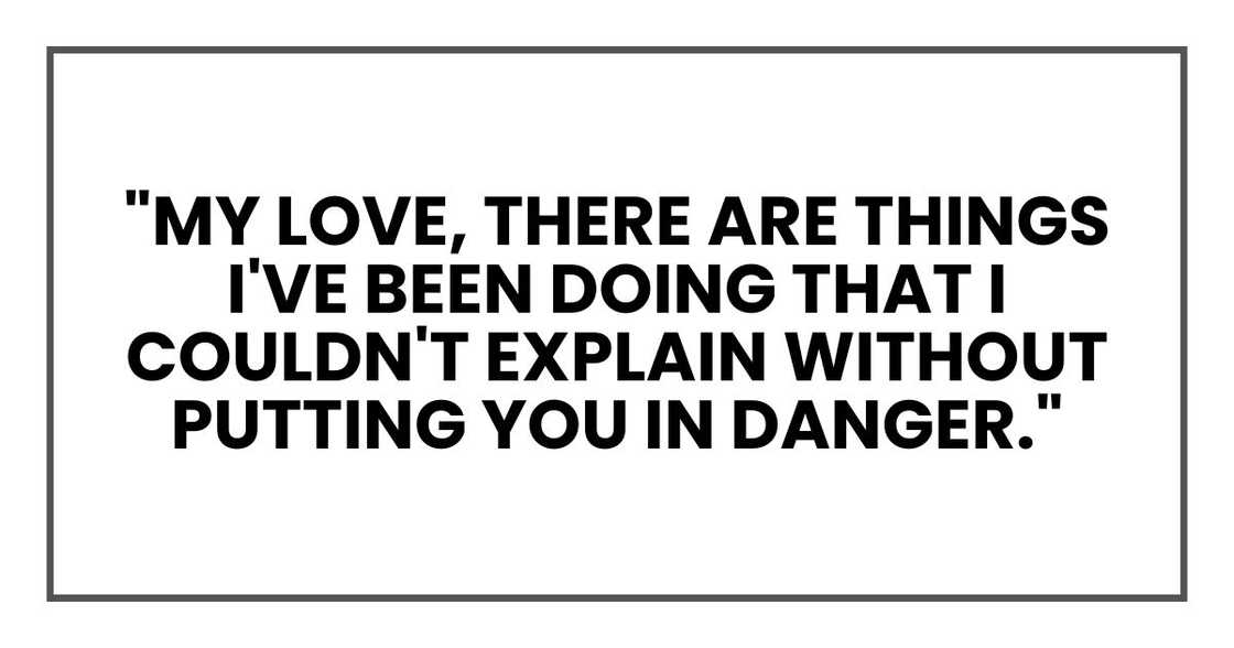 "there are things I've been doing that I couldn't explain without putting you in danger."
