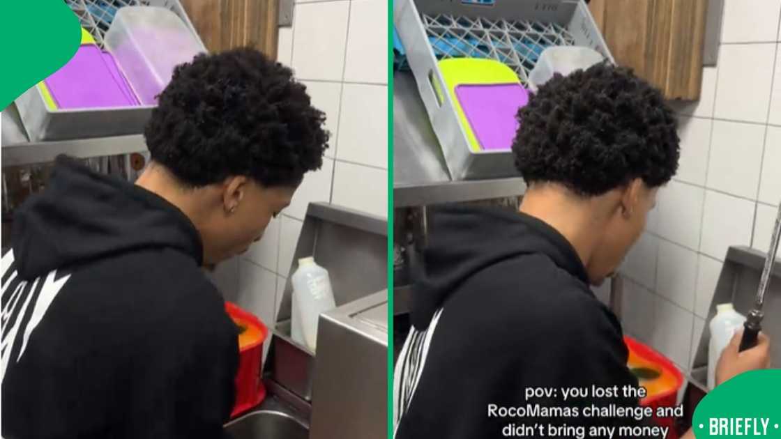 The man washed dishes because he didn't have money to pay for the RocoMamas hot wings challenge he failed at