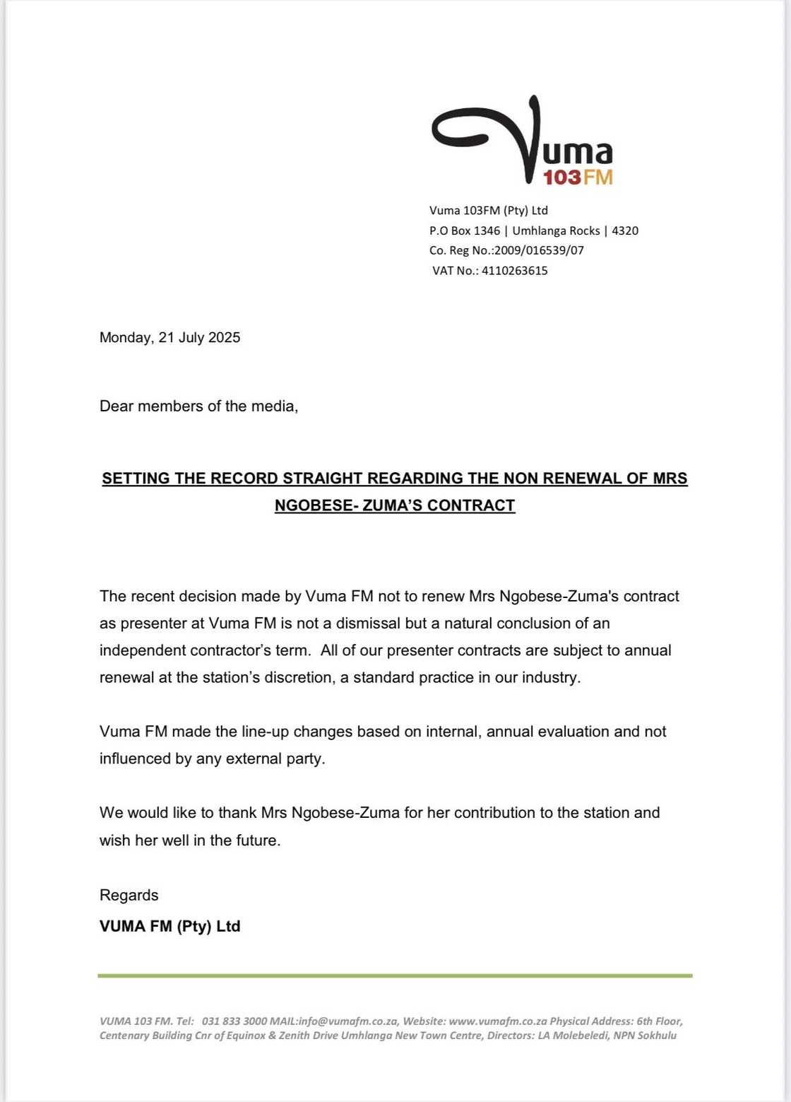 Vuma FM's statement about Jacinta Ngobese-Zuma's departure.