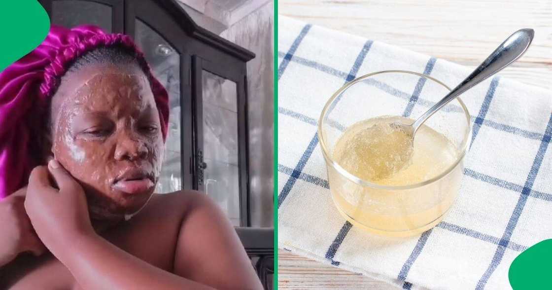 A TikTok video showed a woman attempting to remove a gelatin face mask A TikTok video showed a woman attempting to remove a gelatin face mask