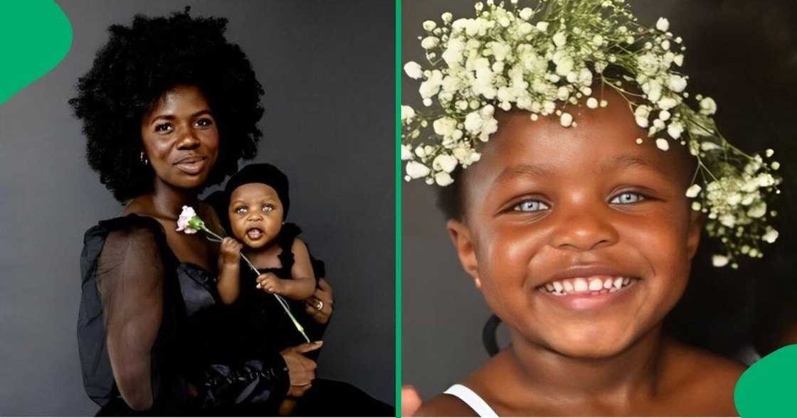 Little girl has striking blue eyes while her mother has brown eyes. Little girl has striking blue eyes while her mother has brown eyes.