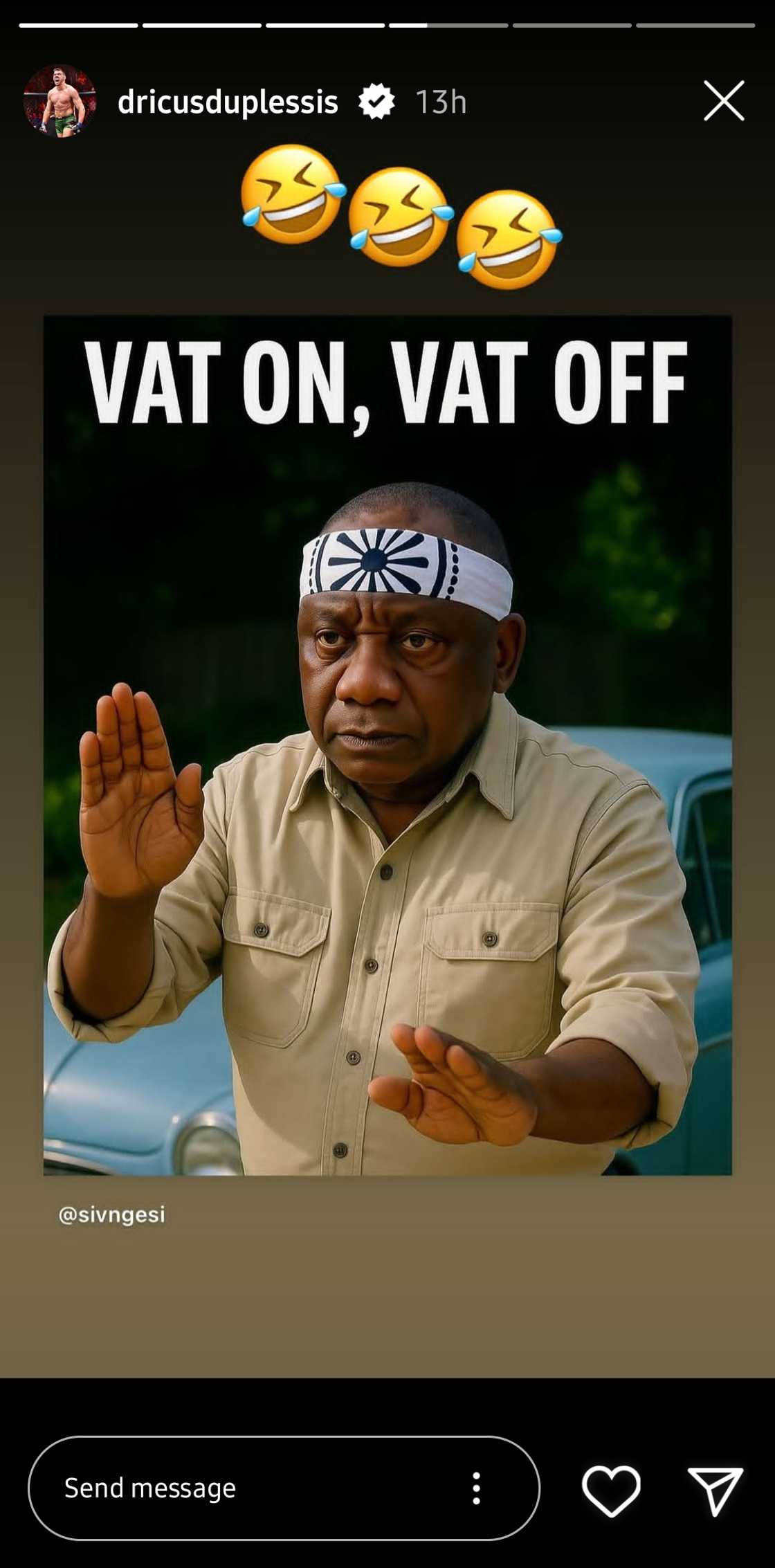 Fresh off silencing injury chatter, Du Plessis took aim at the VAT saga with a cheeky Ramaphosa meme Fresh off silencing injury chatter, Du Plessis took aim at the VAT saga with a cheeky Ramaphosa meme