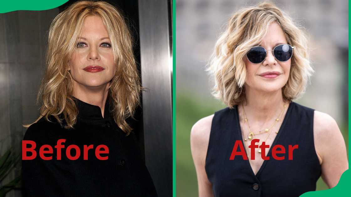 Meg Ryan at the New York premiere of Kate & Leopold (L). Meg Ryan poses at a photocall for the presentation of the film What Happens Next (R).