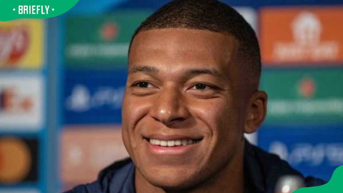 Kylian Mbappe of Paris Saint-Germain during a press conference Kylian Mbappe of Paris Saint-Germain during a press conference