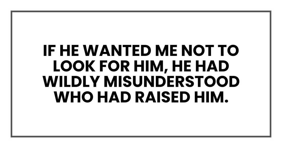 If he wanted me not to look for him, he had wildly misunderstood who had raised him. If he wanted me not to look for him, he had wildly misunderstood who had raised him.