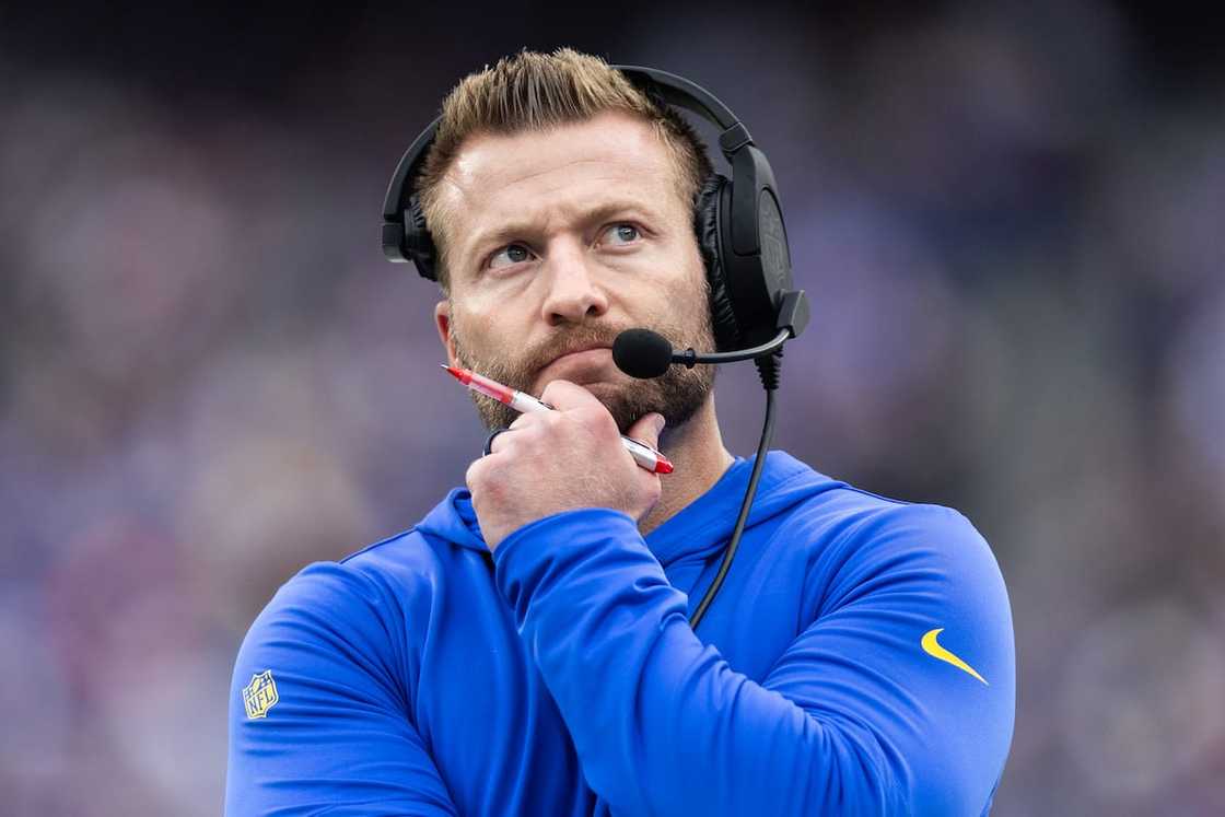 Sean McVay of the Los Angeles Rams looks on during the first half against the New York Giants Sean McVay of the Los Angeles Rams looks on during the first half against the New York Giants