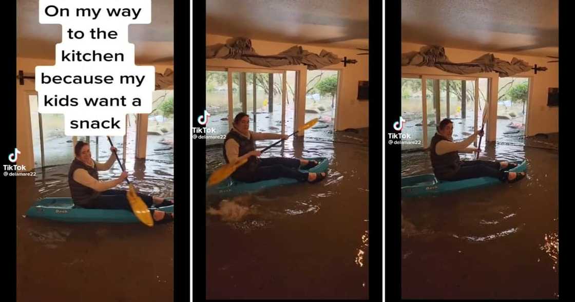 TikTok video of a woman rowing a boat in a flooded home TikTok video of a woman rowing a boat in a flooded home