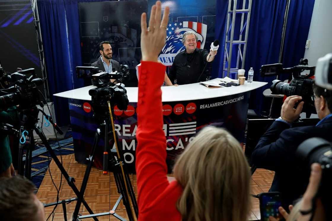 Steve Bannon (R), former advisor to former US president Donald Trump, hosts his War Room podcast live during the Conservative Political Action Conference on March 2, 2023 in National Harbor, Maryland Steve Bannon (R), former advisor to former US president Donald Trump, hosts his War Room podcast live during the Conservative Political Action Conference on March 2, 2023 in National Harbor, Maryland