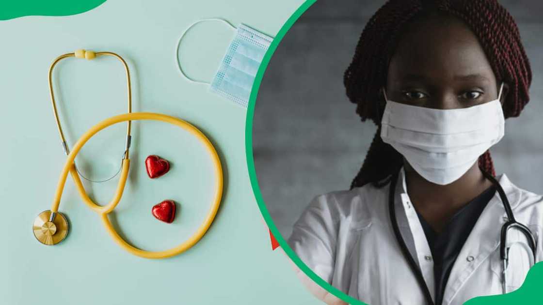 A stethoscope on a blue surface and red, blue, and pink capsules on a white surface A stethoscope on a blue surface and red, blue, and pink capsules on a white surface