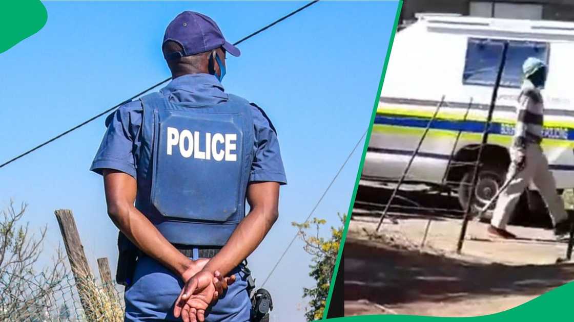 Police man runs from man with shovel