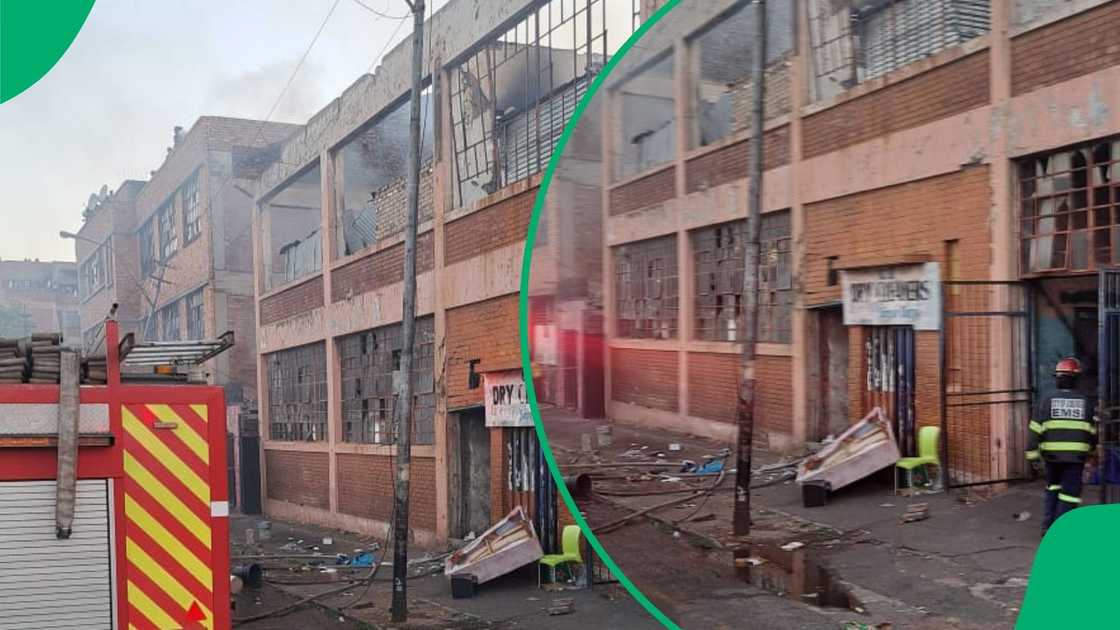 The hijacked building that caught alight in Johannesburg.