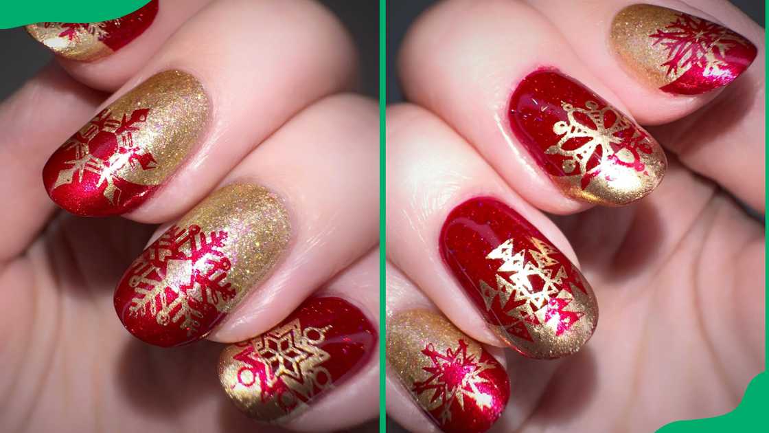 Gold French tips snowflakes nail design