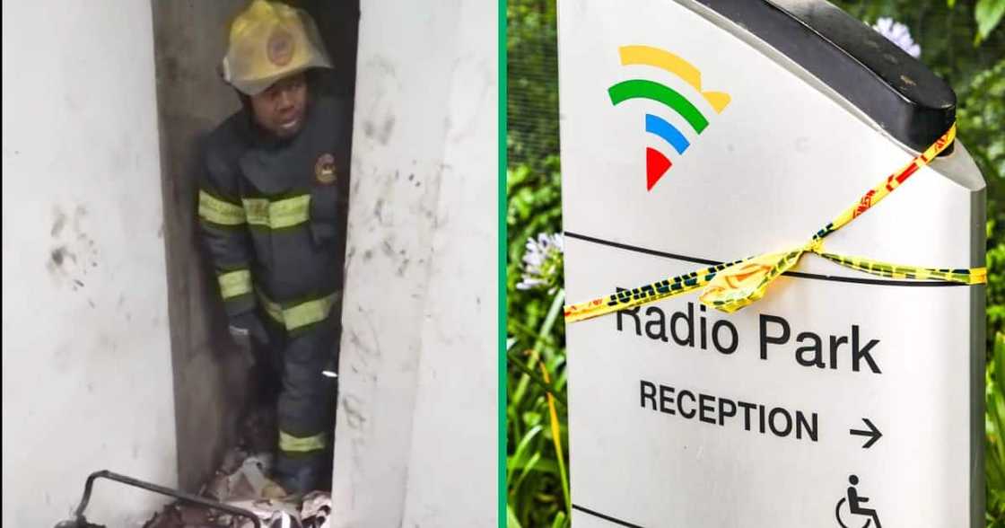 The SABC building caught fire and firefighters worked to extinguish the blaze The SABC building caught fire and firefighters worked to extinguish the blaze