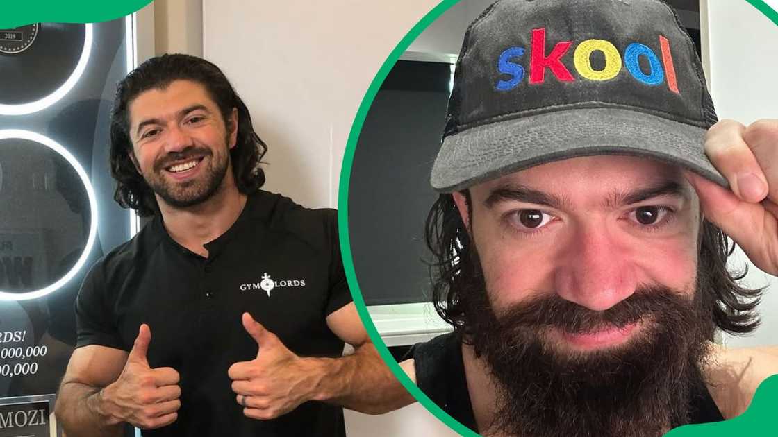 Alex rocking a branded black t-shirt (L). The entrepreneur showing off his skool.com cap (R)