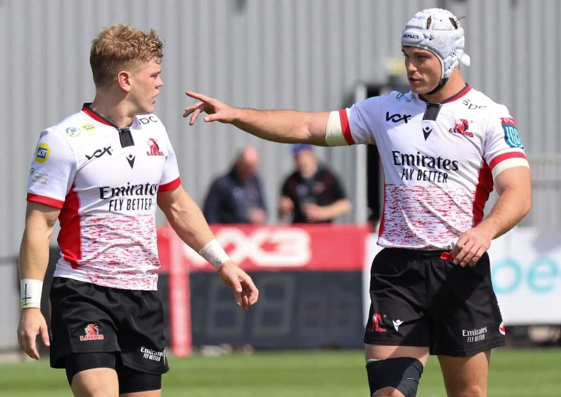 Henco and Morne van den Berg of the Lions during the United Rugby Championship match between The Dragons and The Lions at Rodney Parade in May 2022 Henco and Morne van den Berg of the Lions during the United Rugby Championship match between The Dragons and The Lions at Rodney Parade in May 2022