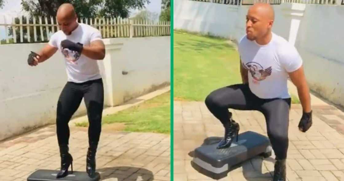 A man is exercising in heels. TikTok video is going viral.