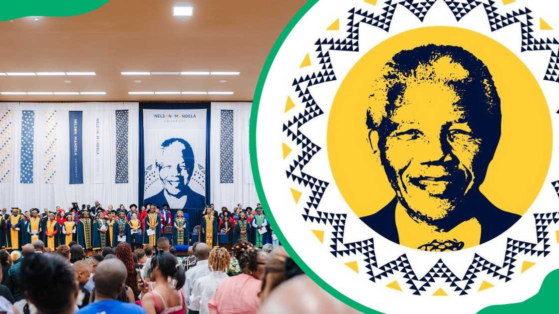 NMU staff and graduates during a convocation ceremony and the NMU logo NMU staff and graduates during a convocation ceremony and the NMU logo