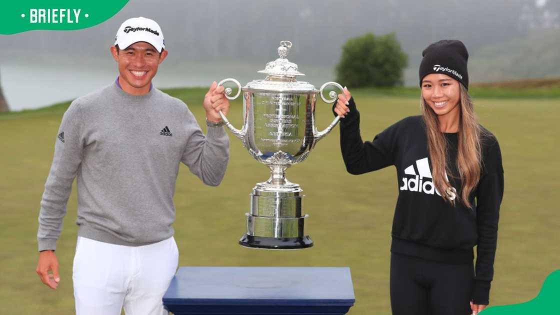 Collin Morikawa and Katherine Zhu during the 2020 PGA Championship at TPC Harding Park in San Francisco, California Collin Morikawa and Katherine Zhu during the 2020 PGA Championship at TPC Harding Park in San Francisco, California