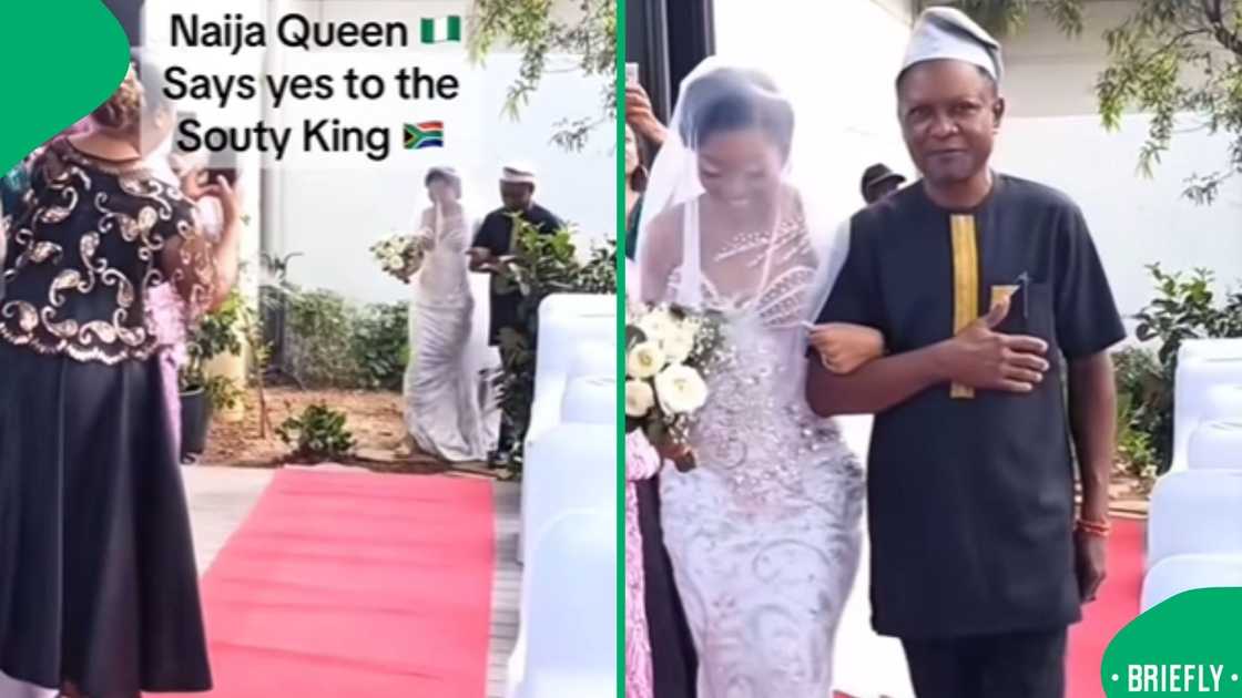 The layout documented an outdoor wedding celebration with overlaid text noting a union between a Nigerian bride and a South African groom