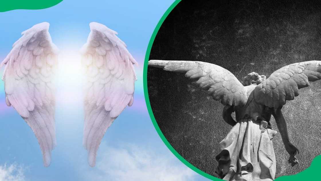 A pair of angel wings (L). An angel sculpture(R) A pair of angel wings (L). An angel sculpture(R)