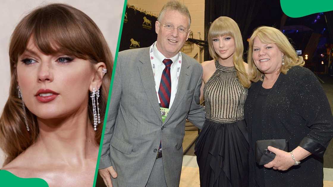 Taylor Swift during the 2024 Golden Globe Awards (L). The singer and her parents at the 48th Annual Academy of Country Music Awards in 2013 (R)