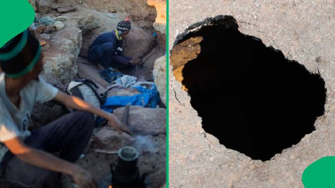 The hole in the road caused by illegal mining underneath.