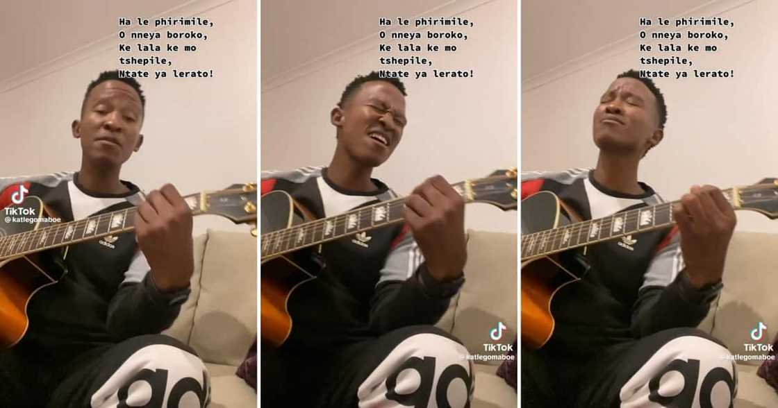 Katlego Maboe sang a Tshwana hymn and while playing the guitar Katlego Maboe sang a Tshwana hymn and while playing the guitar