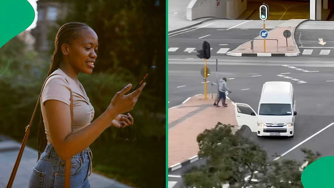 Photos of woman looking at a photo and a helpful taxi driver