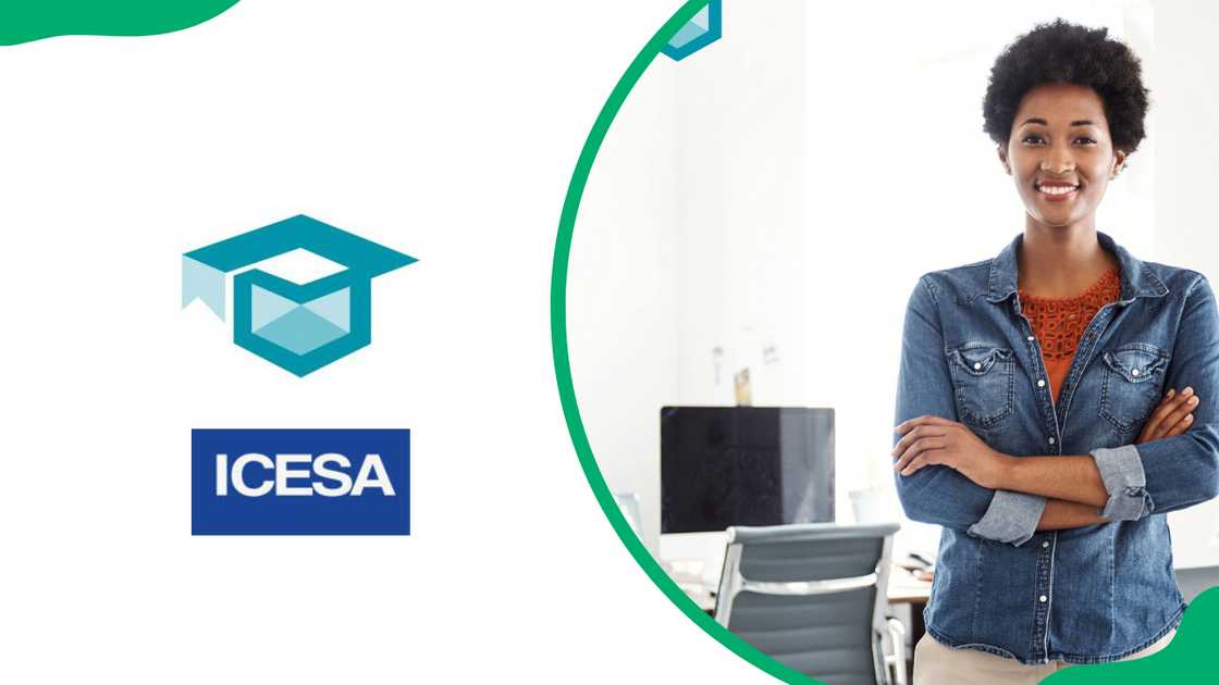 The ICES logo and a lady in a denim jacket and an afro is standing next to a computer The ICES logo and a lady in a denim jacket and an afro is standing next to a computer