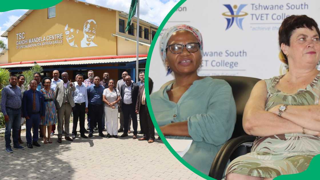 Students and staff of Tshwane South TVET College standing in front of a building and listening during a conference