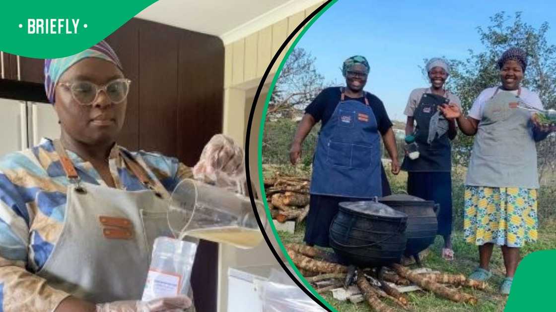 Phumeza Stuurman prepares bone broth in a kitchen while members of her all-female team stand beside traditional cooking pots over open fires in Nxarhuni village near East London.